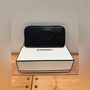 Chanel Long Zip-Around Wallet in Black Caviar Leather